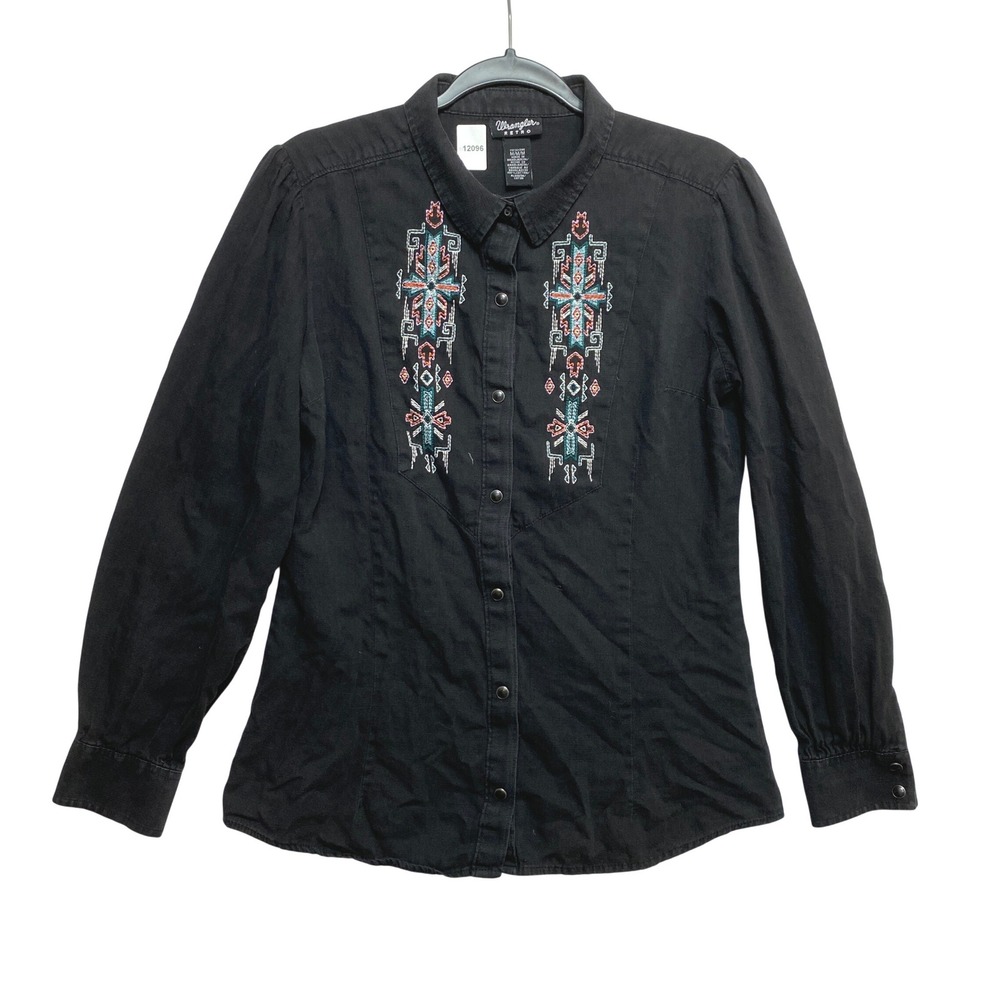 Wrangler Shirt Womens Medium Black Retro Western Embroidered Snap Button-Down